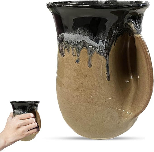 Clay in Motion Hand Warmer Coffee Mug – Handmade Coffee Mug With Comfortable Handle Contoured Pocket Hand Warming Ceramic Coffee Mug – Proudly Made in USA – Right Handed – 14 Oz - Black Brown