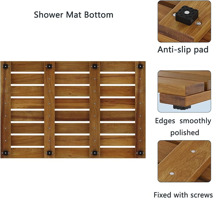 Solid Acacia Wood Shower Mat, Non Slip Bathroom Mat (26“×17", Large) Sturdy Floor Mat for Spa Home or Outdoor Shower, Easy to Clean, Quick Drying