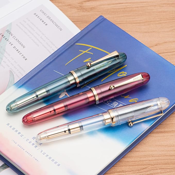 Jinhao 9019 DaDao Series Fountain Pen, Size 8 Medium Nib with Large Ink Converter, Transparent Light Blue Acrylic Design Smooth Writing Pen (Gold Trim)
