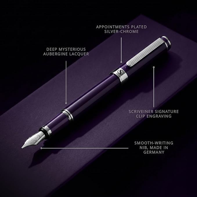Scriveiner Luxury Fountain Pen - Aubergine, Schmidt Gilded Nib (Fine), Converter, Best Pen Gift Set for Men & Women, Professional, Executive, Office, Nice Pens