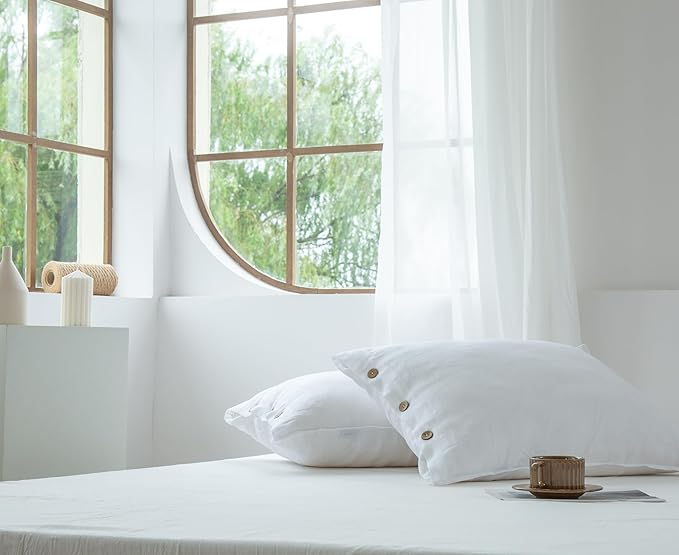 EVERLY 100% Linen Pillowcases Set of 2, French Linen from Normandy, 20X30Inch Standard Size, Natural Color, Coconut Buttons Closure, Flax Pillowshams-Pillowcase-White
