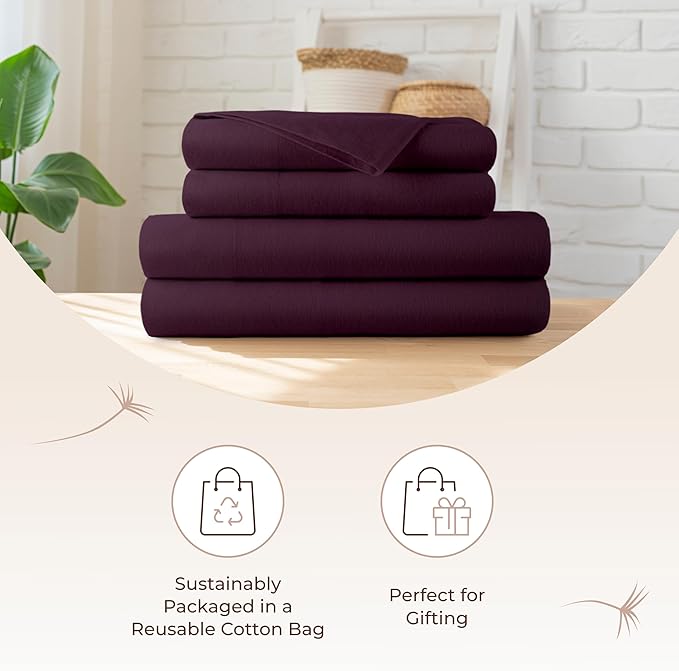 100% Organic Flannel Sheets Twin XL Size - 100% Cotton Flannel Sheets Set with Ultra Comfortable Cozy and Soft Brushed Finish and Deep Pocket - 1 Flat 1 Fitted & 2 Pillowcases (Aubergine, Twin XL)