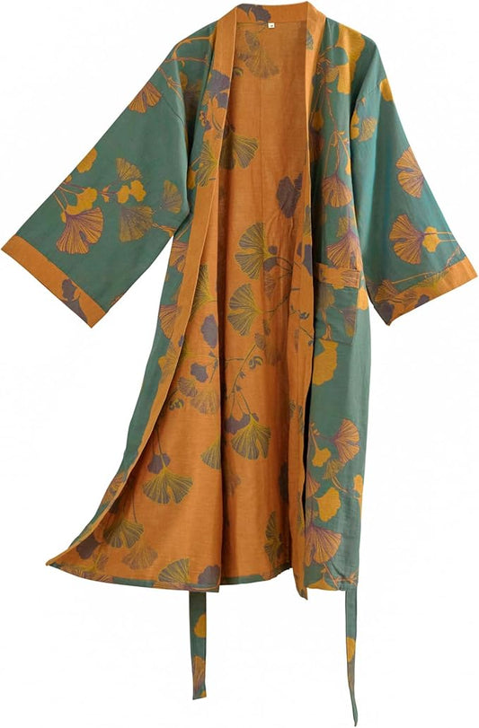 100% Cotton Gauze Ginkgo Leaf Kimono Robe, Long Knit Loose Bathrobe Nightgown Ladies Loungewear Sleepwear for Women