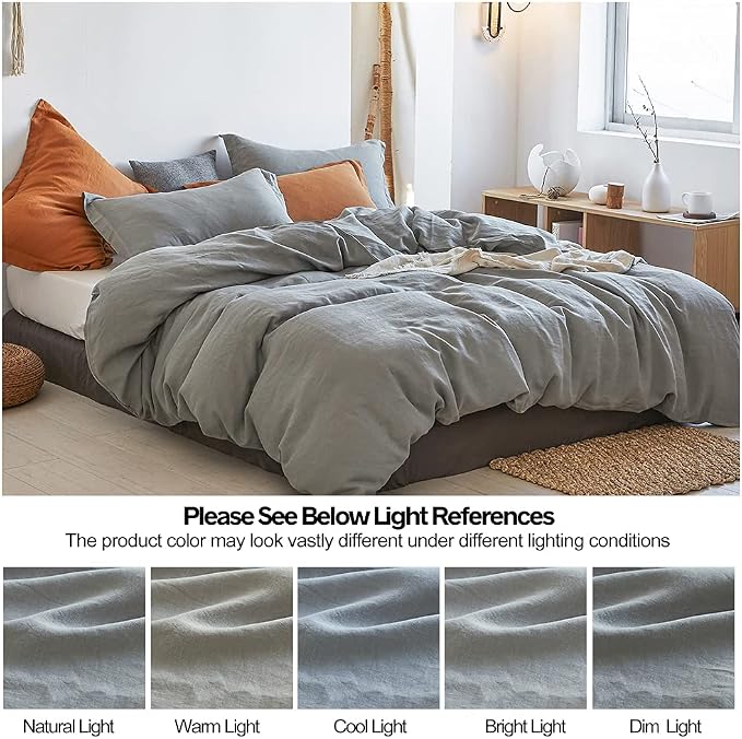 Simple&Opulence 100% Linen Duvet Cover Set 3pcs Basic Style Natural French Washed Flax Solid Color Soft Breathable Farmhouse Bedding with Button Closure - Ultimate Grey, King
