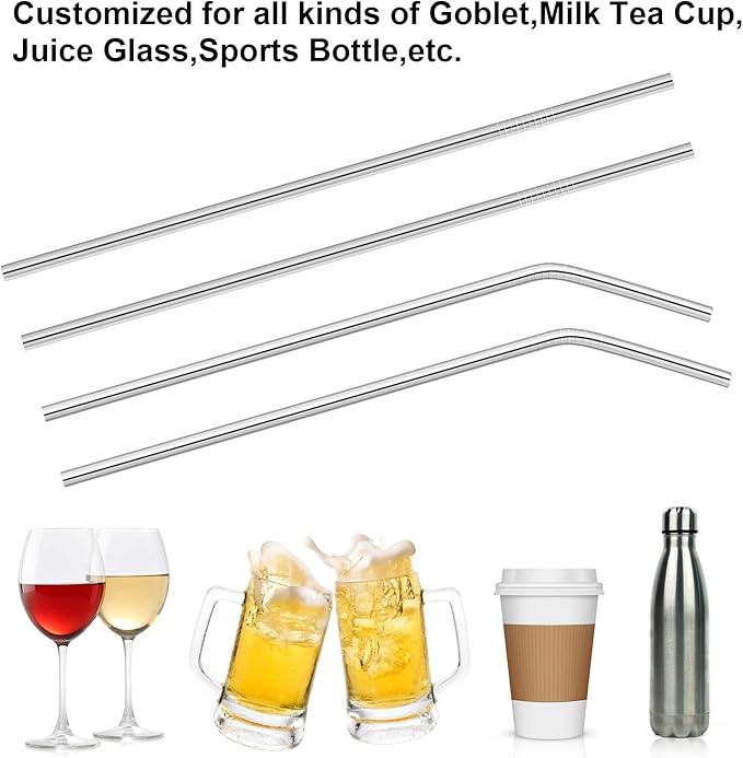 Hypermotion Stainless Steel Straw, Food Grade Reusable Metal Drinking Straw Set with 2 Cleaning Brushes and Carry Pouch for Smoothie, Milkshake, Cocktail and Hot Drinks
