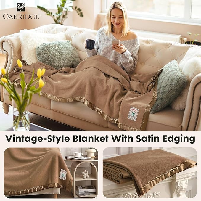 OakRidge Heirloom Merino Wool Blanket – 100% Australian Wool with Vintage Satin Edges – Breathable, Odor-Resistant, All-Season Bedding in Full/Queen Size – Tan Cozy Throw for Home or Travel