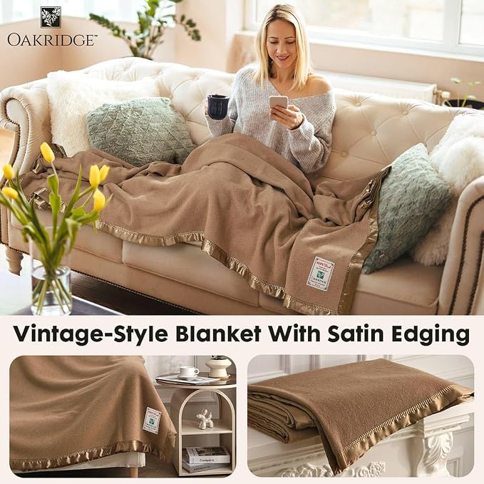 OakRidge Heirloom Merino Wool Blanket – 100% Australian Wool with Vintage Satin Edges – Breathable, Odor-Resistant, All-Season Bedding in King Size – Tan Cozy Throw for Home or Travel
