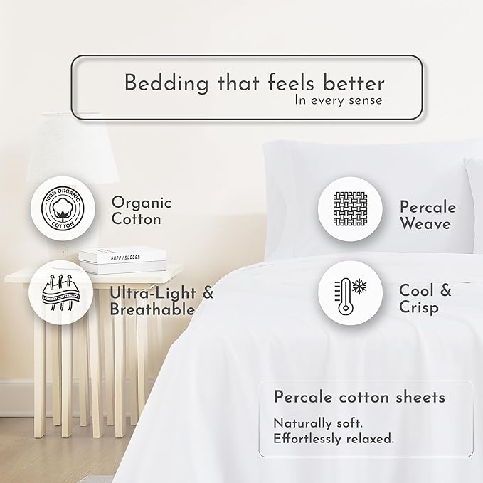 Linen Closet 100% Organic Cotton King Size Sheets Set, 4 Pcs, Arctic White - Percale Bed Sheets & Pillowcases Set - Up To 16" Deep Pocket Fitted Sheet - Cooling, Crisp & Breathable - For Hot Sleepers