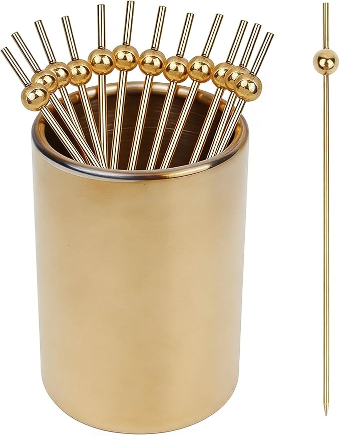 12PCS Metal Cocktail Picks for Drinks, Stainless Steel Martini Picks 4.6 inch, Reusable Cocktail Skewers Pearl Gold