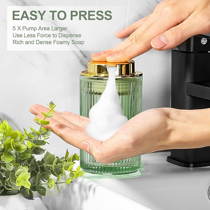 KASUNTING Green Glass Foaming Soap Dispenser, Ribbed Foam Hand Soap Dispenser for Bathroom, 11 Fl Oz Refillable Foaming Pump Bottle with Black Pump, Modern Dish Soap Foam Dispenser