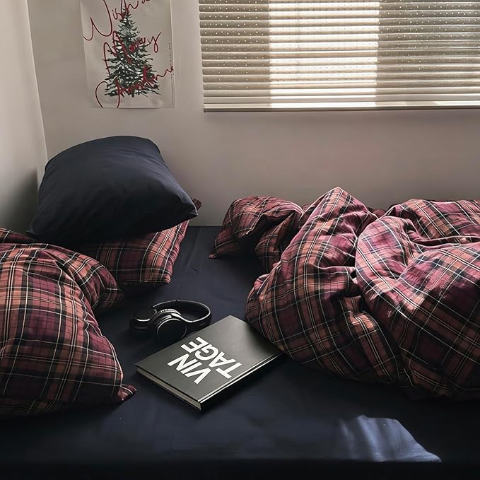 mixinni Vintage Burgundy Buffalo Plaid Comforter Cover Set King Size - 3 Piece Mid-Century Modern Washed Cotton Bedding, Soft Breathable Grid Duvet Cover with Matching Pillowcases for All-Season