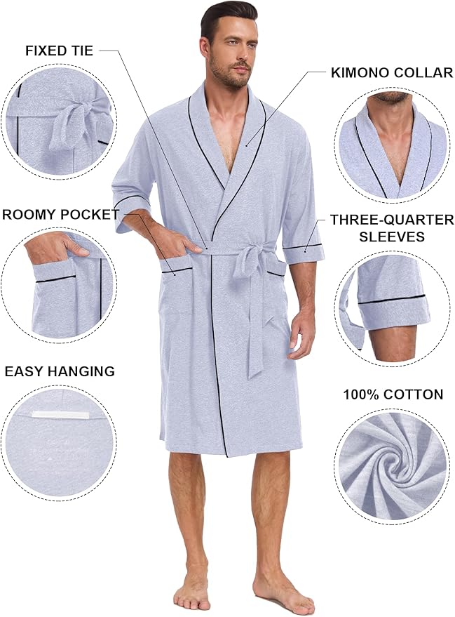COLORFULLEAF 100% Cotton Men’s Summer Bathrobe Lightweight & Breathable Short Sleeve Kimono Robe with Pockets