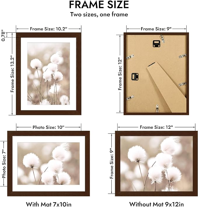 Hongkee 9x12 Oak Wood Picture Frame 1 Pack(Matted 7x10), Real Glass Cover | Walnut, 9 x 12 Solid Wood Frame for Wall or Tabletop Display - Includes Easel Back, Vertical Hang - Ideal for Home, Office