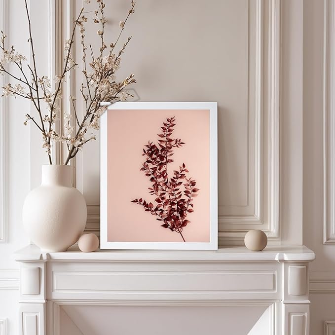 Monem Art Dried Red Botanical Branch Print - Minimalist Boho Nature Poster - Wall Decor for Living Room, Bedroom or Office - 12x16 White Framed Wall Art by Mareike Bohmer