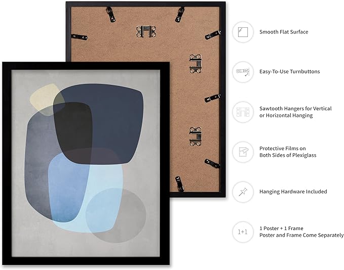 Monem Art Abstract Blue Shapes Print - Scandinavian Minimalist Art Poster - Wall Decor for Living Room, Bedroom or Office - 12x16 Black Framed Wall Art by Mareike Bohmer