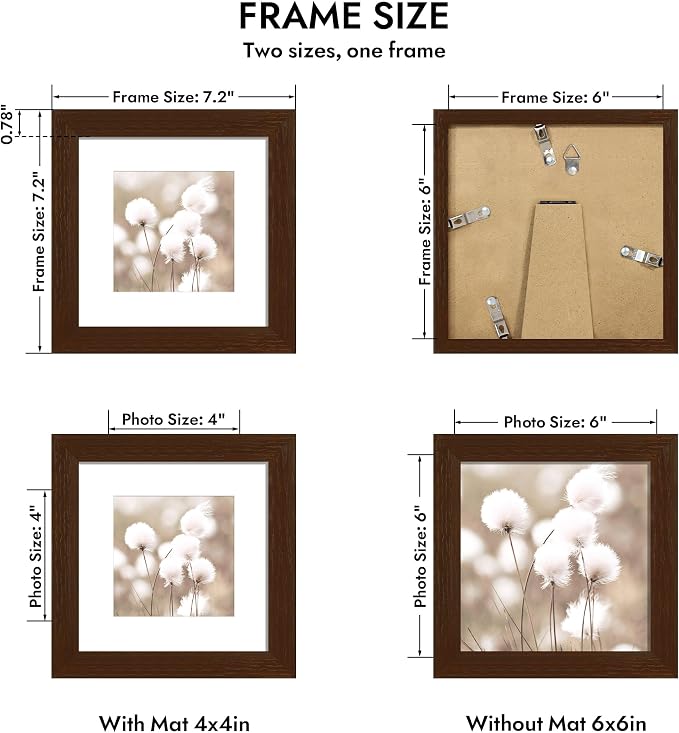 Hongkee 6x6 Oak Wood Picture Frame 1 Pack(Matted 4x4) with Real Glass Cover | Walnut, 6 x 6 Solid Wood Frame for Wall or Tabletop Display - Includes Easel Back, Vertical Hang - Ideal for Home, Office