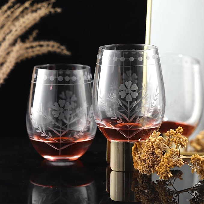 Joeyan Hand Blown Etched Stemless Wine Glasses,Carved Red and White Wine Tumbler with Floral Pattern,Clear Drinking Glass Cups,Glassware for Birthday Party Anniversary,19 oz,Set of 4,Dishwasher Safe
