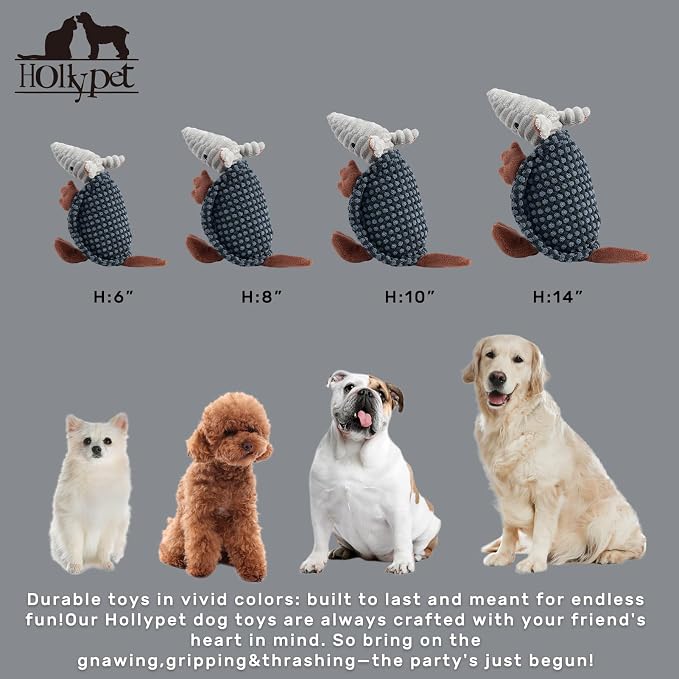 Hollypet Plush Dog Squeaky Toy Stuffed Armadillo Animal Pet Puppy Chew Toys with Clean Teeth for Small Medium Large All Breed Sizes Dogs, Brown and Bronze,8 in
