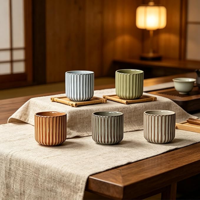 Japanese Ceramic Mug, Vintage Tea Cup 6oz Striped Cup No Handle Drinking Cup for Latte Milk Water Beverage Juice Microwave and Dishwasher Safe, Kiln Transformation Cup (Vintage Greenish Gray)