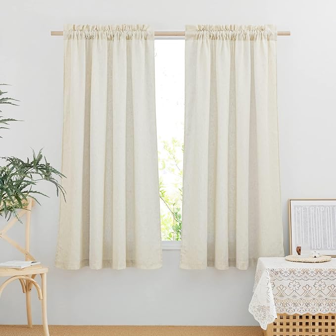 NICETOWN Flax Linen Blend Curtains & Drapes for Bedroom, Rod Pocket Semi Sheer Curtain Drapes Privacy Assured Casual & Rustic Light Reducing for Living Room (Off White, W55 x L63, 2 Panels)