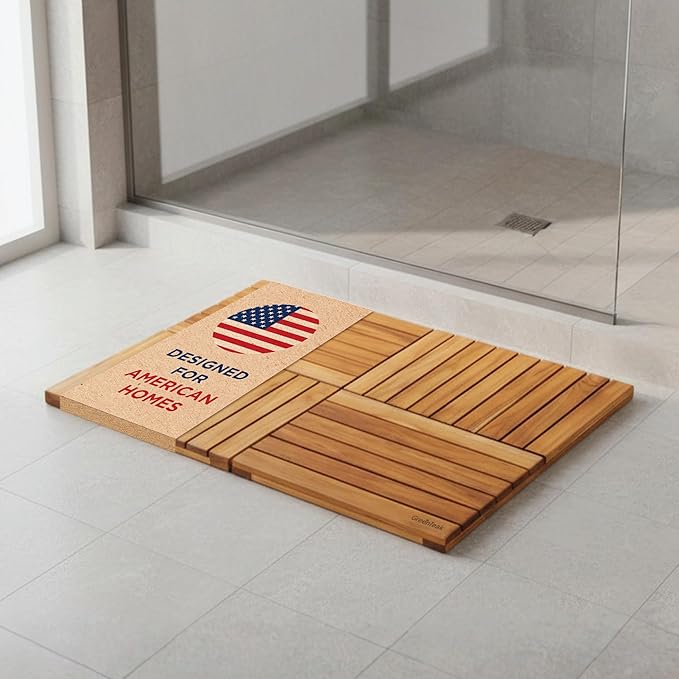 Premium 32"x21" Solid Teak Shower Mat, Extra Large Foldable Teak Bath Mat, Fast-Drain Slatted Design, Non-Slip Feet, Quick Dry for Bathroom, Door, Sauna, Indoor & Outdoor, 385 Lbs Capacity