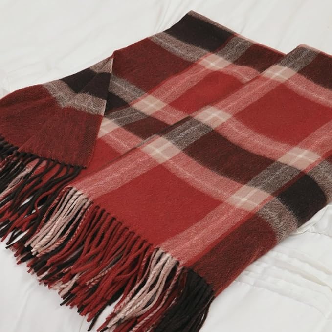 Soft Pure Wool Throw Blanket, Lightweight Warmth, 55"x83", Plaid, Fringe, Compact with Bag, Useful Gift for Women Men, All Season Decorative Cozy Travel Blanket for Couch Bed, Outdoors