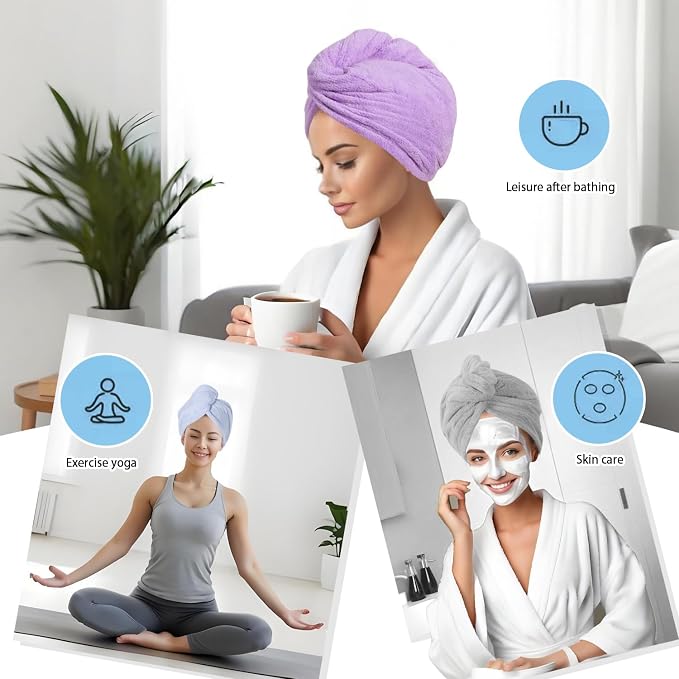 3 Packs Single Layer Microfiber Hair Drying Towel Wrap for Women, Hair Turbans Towel for Wet Hair,turbie Twist Hair Towels（Gray Color + Purple Color + Light Blue Color