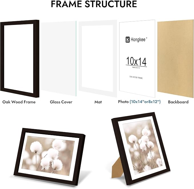 Hongkee 10x14 Oak Wood Picture Frame 1 Pack(Matted 8x12), Real Glass Cover | Black, 10 x 14 Solid Wood Frame for Wall or Tabletop Display - Includes Easel Back, Vertical Hang - Ideal for Home, Office