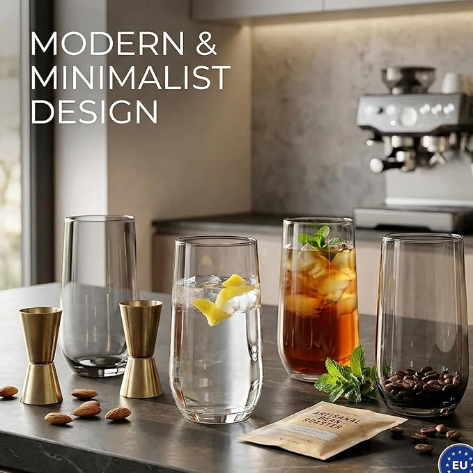 Grey Drinking Glasses Set of 6 | Translucent Black Glassware | 16 oz Smoked Grey Glass Cups | Highball Drinkware for Cocktails, Long Drink, Mojito, Juice, Soda | Modern Charcoal Drinkware