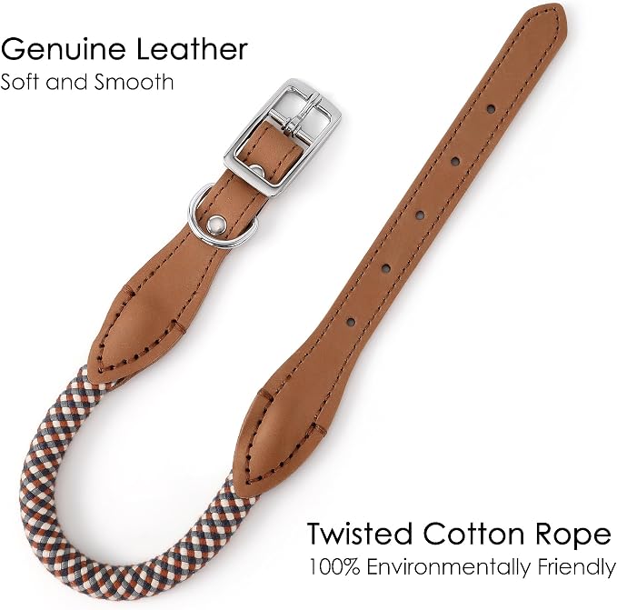 Mile High Life Genuine Leather Dog Collar, Durable Braided Cotton Rope Collar with Metal Pin Buckle for Small Medium Large Dogs (Brown Plaid, L Neck 17"-21")