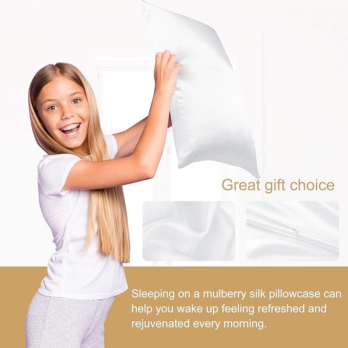 uxcell 1 Pack 100% Charmeuse Pure Silk Pillowcase for Hair and Skin, 350TC 19 Momme Soft Breathable Pillow Case with Hidden Zipper, Snow White Silk Pillowcase Travel (14x20inch)