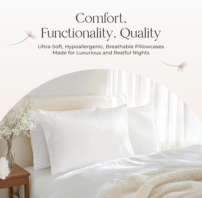 Organic Cotton Pillow Protector King Size - 100% Cotton GOTS Certified Pillow Case Protector with Zipper - Hypoallergenic Machine Washable Edge Piping & Breathable Cover - 2 Pack (White, King)