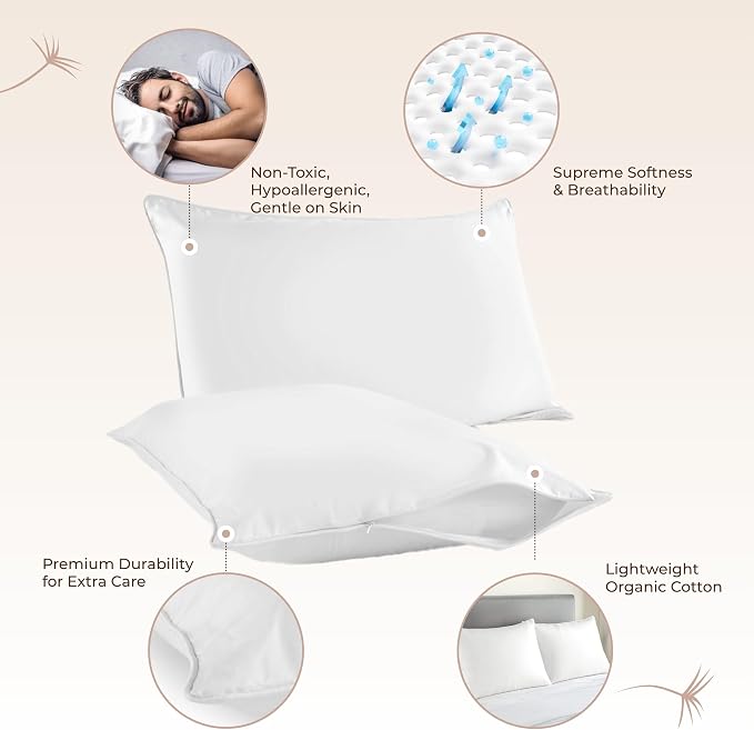 Organic Cotton Pillow Protector Standard Size - 100% Cotton GOTS Certified Pillow Case Protector with Zipper - Hypoallergenic Machine Washable Edge Piping & Breathable Cover - 2 Pack (White, Standard)