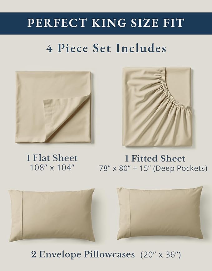 LANE LINEN 100% Organic Cotton Bed Sheets King Size, Fully Elasticized Reinforsed Seams in Fitted Pocket, Machine Washable Naturally Cooling All Season King Sheet Deep Pocket Bedding- Linen