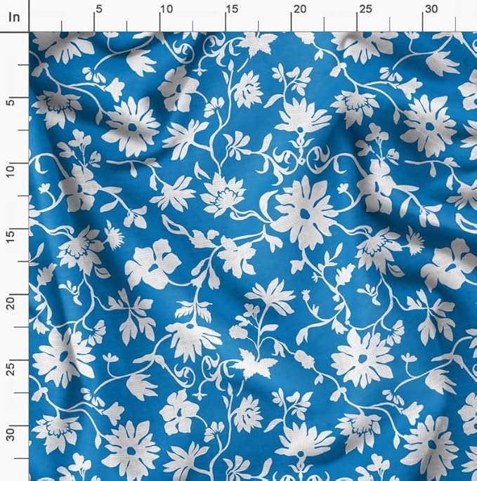 Soimoi Silky Satin Fabric Material, 1 Yard - 42" Inch Width, Blue - Floral Print - Soft Shiny Fabric for Dress, Pillowcases, Pajamas, Evening Dress, DIY