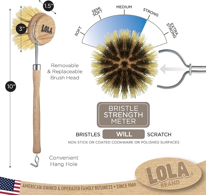 LOLA - The Original- Pot & Pan Brush, Heavy Duty Brass Wire & Tampico Bristles, Handle Made from Sustainable Birch Wood for Cleaning, 1 Count