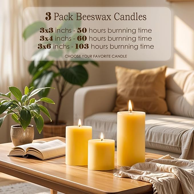 3x6 Inch Beeswax Pillar Candles, 3 Pack 309 Hour Large Bees Wax Candle for Home Emergency Candles, Beeswax Pillar Candle for Home Holidays Decor Spa Relaxation