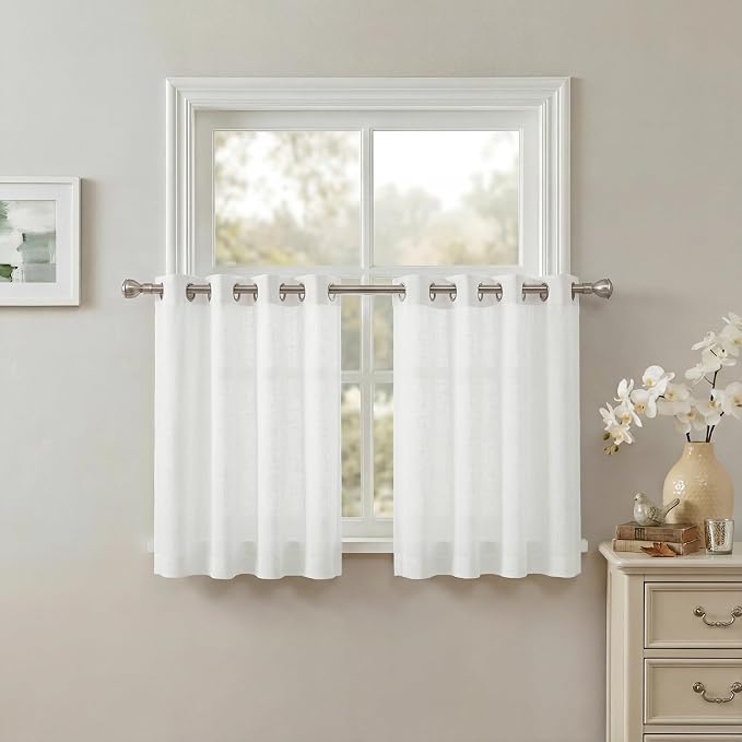 NICETOWN White Linen Short Curtains 36 Inches Long for Kitchen, Farmhouse Semi Sheer Light Filtering Privacy Grommet Short Drapes for Basement Bedroom, Window 2 Panels, 34 x 36 Inch