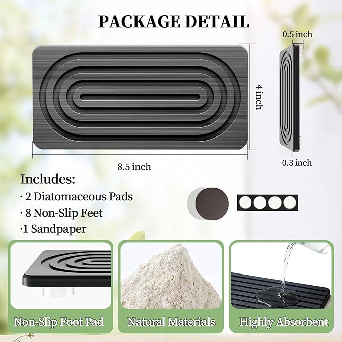 2 PCS Water Absorbing Diatomite Coasters, Stone Drying Mat for Kitchen Counter, Quick Dry Stone Mat Trays for Bathroom Kitchen Counter, Soap Dish Tray Used for Hand Soaps (Dark Gray, 8.3" x 4")