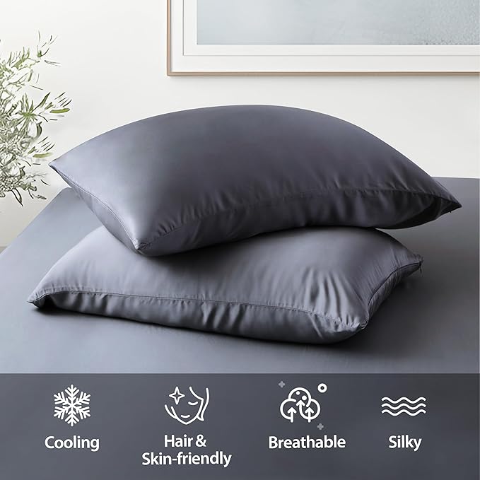 2 Pack Cooling Pillow Cases,Viscose Derived from Bamboo Pillow Protectors Standard Size Set of 2, 400 Thread Count Soft Silky Breathable Summer Pillow Cover with Zipper Hidden 2PCS Darkgrey, Standard