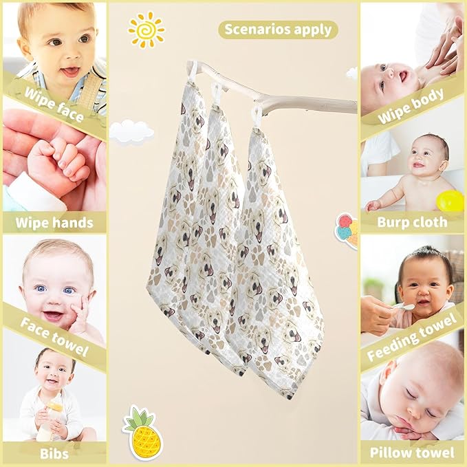 Baby Golden Retriever Dog Msulin Washcloths Newborn Face Towel - Baby Muslin Burp Cloths 5 Pack Soft Absorbent Natural Cotton Wash Towel 11.8"X11.8" Baby Bath Towels Wipes