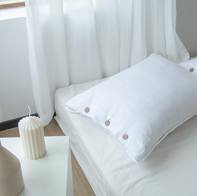 EVERLY 100% Linen Pillowcases Set of 2, French Linen from Normandy, 20X30Inch Standard Size, Natural Color, Coconut Buttons Closure, Flax Pillowshams-Pillowcase-White
