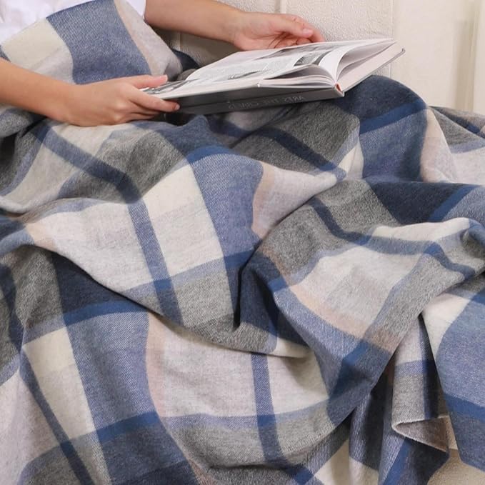 Soft Pure Wool Throw Blanket, Lightweight Warmth, 55"x83", Plaid, Fringe, Compact with Bag, Useful Gift for Women Men, All Season Decorative Cozy Travel Blanket for Couch Bed, Outdoors