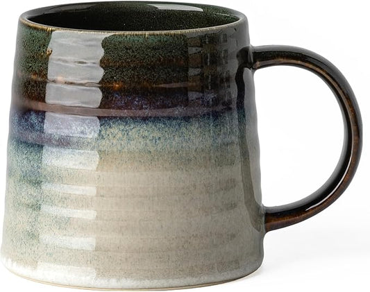 15.5 Oz Large Reactive Glaze Ceramic Mug, Heavy Weighted Stoneware Coffee Cup, Wide Base, Thick Wall Big Tea Cup with Custom Package Box, Microwave & Dishwasher Safe (Green Black)