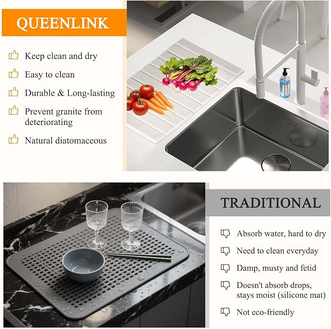 Stone Drying Mat for Kitchen Counter – Quick Dry PU-Coated Diatomaceous Earth Dish Drying Mat, Foldable & Non-Slip, Fast Absorbent Drying Stone for Sink & Countertop, 24"x16"