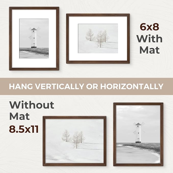 8.5x11 Picture Frame with Mat for 6x8, USA-Sourced Natural Walnut Wood Handcrafted Rounded Corner with HD Tempered Glass, 8.5 x 11 Photo Frames Gallery Wall & Tabletop, Vertical or Horizontal Display