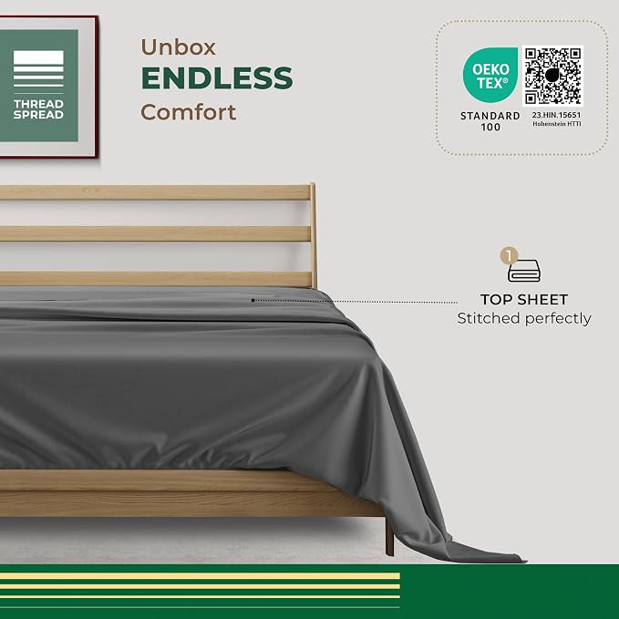 THREAD SPREAD 100% Organic Cotton Flat Sheet Queen Size - Percale Weave Cotton Flat Sheet Only (1 PC, Dark Grey) Crisp, Cool Strong & Breathable Lightweight Bed Linen Top Sheets, GOTS Certified Sheets