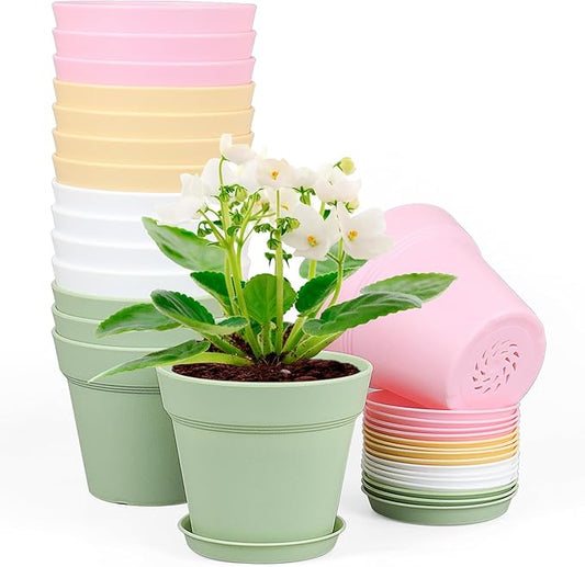 Meowell 4 inch Small Plastic Nursery Pots,16 Pack Plant Pots for Indoor Outdoor Plants, Flower Pots with Drainage Holes and Saucers, Decorative Seeding Starter Planters for House Plants, Colorful