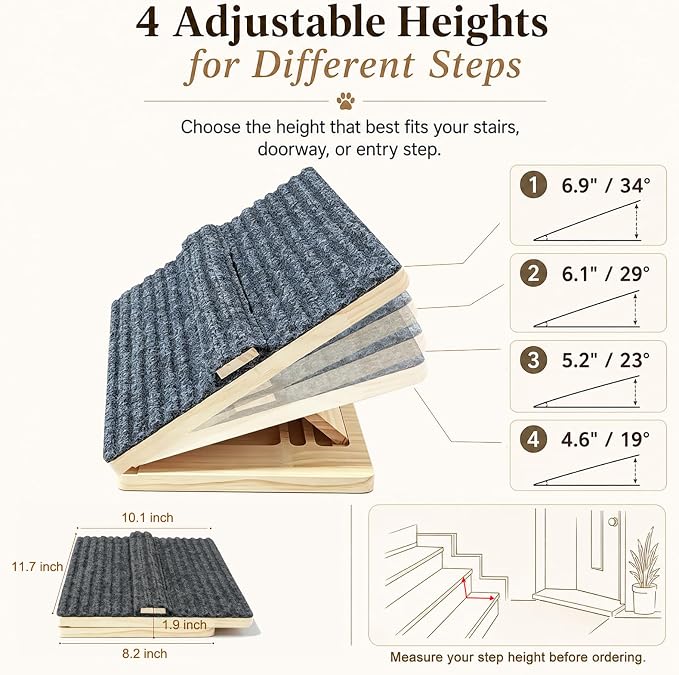 4 Pack Dog Ramp for Stairs – Solid Wood Adjustable & Foldable, 4 Heights, Non-Slip Silicone Base, Traction Felt, Raised Pause Strip, 35lb for Small & Senior Dogs