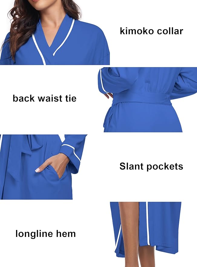 COLORFULLEAF 100% Cotton Women's Robes Summer Lightweight Kimono Soft Long Cotton Bathrobe for Women with Pockets